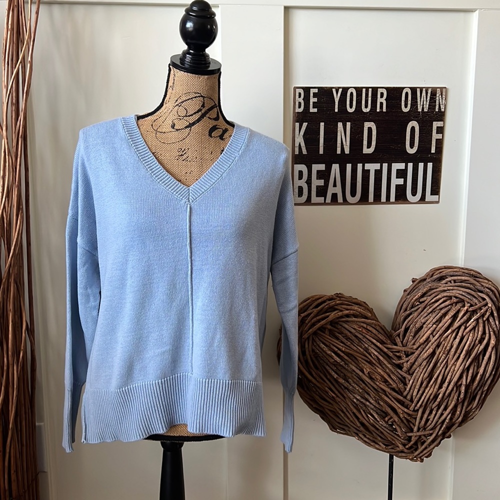 Tahari Light Blue V-Neck Cotton Blend Sweater